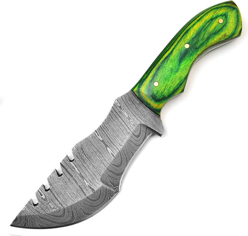 Tracker Knife Damascus Steel Hunting Knife with Horizontal Carry Sheath - Fixed Blade for Camping