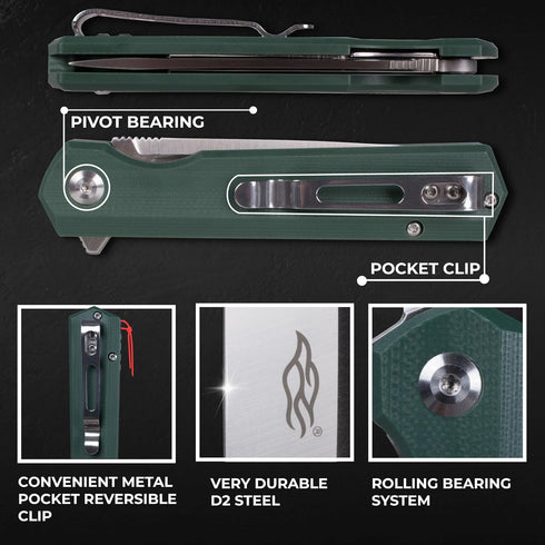 Firebird GANZO FH11 Folding Knife, D2 Steel Blade, Anti-slip G10 Handle with Clip for Outdoor
