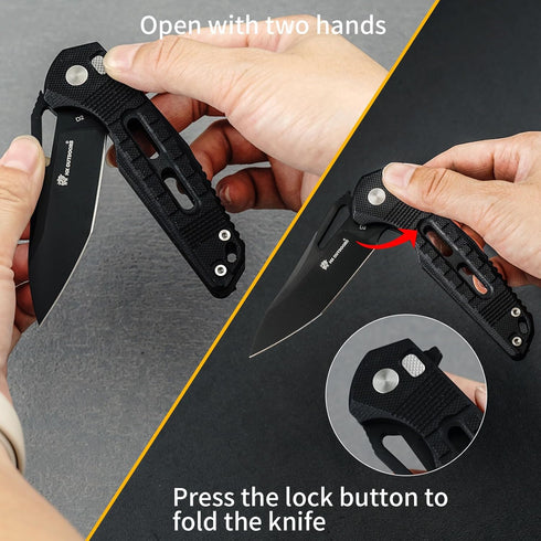 HX OUTDOORS Premium D2 Steel Folding Pocket Knife with Lock, Non-Slip G10 Handle and Pocket Clip (Black)