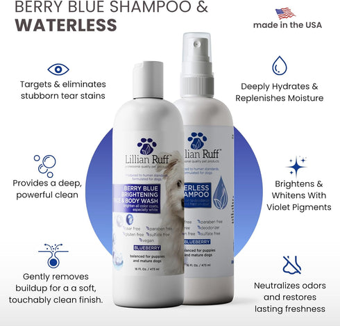 Lillian Ruff PRO Formula Berry Blue Brightening Dog Shampoo + Blueberry Waterless Dog Shampoo - Professional Whitening
