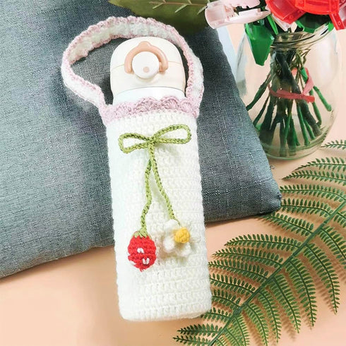 Yangshine Handmade Crochet Water Bottle Holder with Handle Strap, Crochet Strawberry Cup Sleeves Thermal insulation