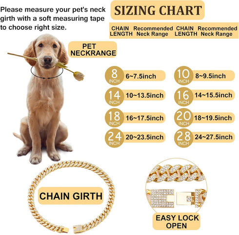 Cuban Link Dog Collar, Gold Silver Metal Chain Collar, 20 Inch, Diamond Pet Collars for Dogs Cats Jewelry