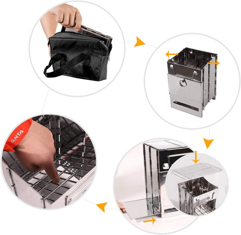 Portable Folding Camping Wood Stove for Outdoor Cooking, Lightweight Stainless Steel with Grill