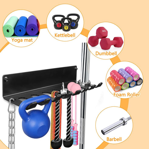 Gym Rack Organizer - Wall Mount Hooks for Olympic Barbells, Row Handles, Bats, Tools (E-Book Instruction Included)