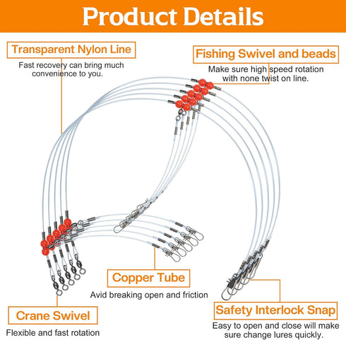 Fishing Leaders Saltwater Tackle High Strength Fishing Wire Leader Line Rig with Swivels Snap for Bait Hooks, Surf