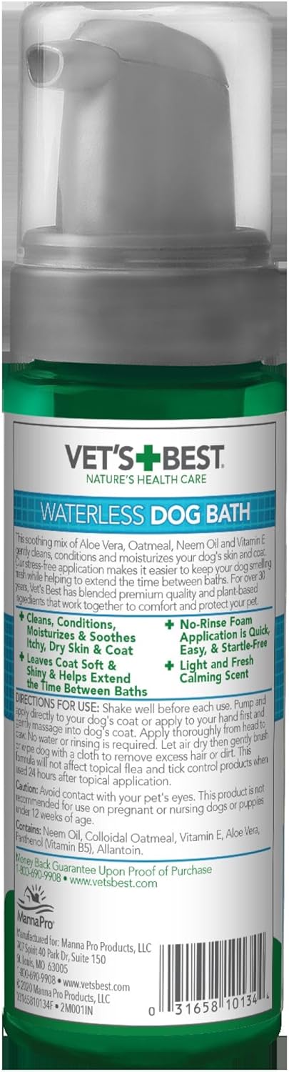 5 oz Vet's Best Waterless Dog Bath, No Rinse Dry Shampoo for Dogs, Natural Plant-Based Formula, Refreshes Coat