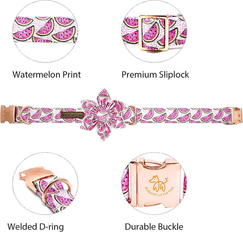 Elegant little tail Dog Collar with Flower, Watermelon Print Pet Collar Flower Dog Collar Summer Cute Dog Collar Adjustable Dog Collar for Large Dogs
