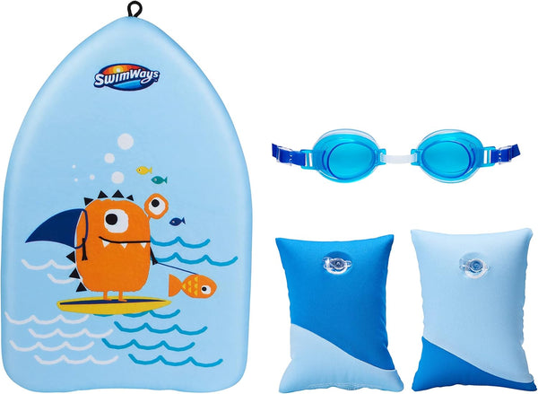 SwimWays Value Pack, Fish Face Guppy Goggles, Soft Swimmies, and Sea Monster Kick Trainer for Learning to Swim