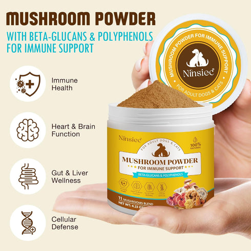 Ninsiec 11 Mushroom Supplement Powder for Dogs & Cats, Turkey Tail Mushroom for Pets, Lipoma for Cats, Organic Mushroom