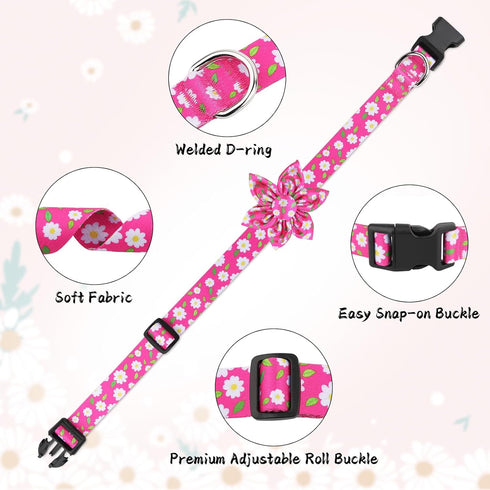Daisy Pink Dog Collar with Flower Bow, Cute Floral Collars for Small Medium Large Dogs, Hot Pink Options