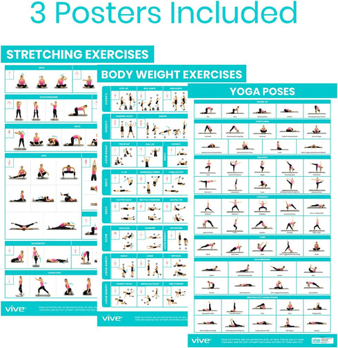 Vive Workout Posters (3 Pack) - Bodyweight, Yoga, Stretching Exercise Pack - Home Equipment Accessories Fitness Guide Chart Motivation Sequence for Women, Men, Kids - Laminated, Colored Illustrations