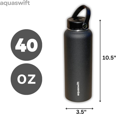 aquaswift 40 oz, 3 core - Sports Water Bottle - Gym & Outdoor Bottles, Double Wall, Black - Vacuum Insulated Stainless