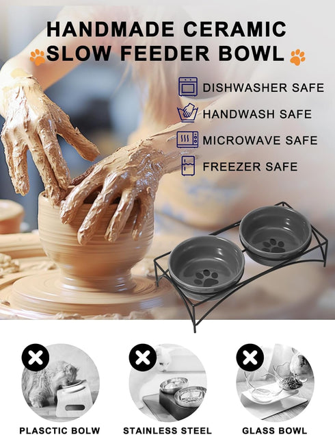 Y YHY Dog & Cat Food Bowls, 12OZ Ceramic Elevated Pet Bowls with Sturdy Metal Stand, Grey