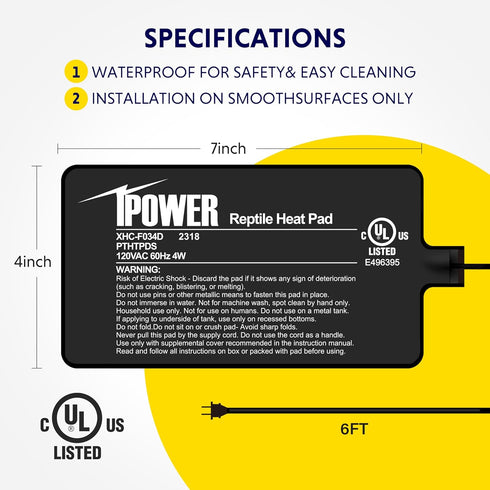 iPower 4X7 Inch Reptile Heat Pad, Under Tank Heater, Terrarium Warmer for Turtles, Lizards, Frogs