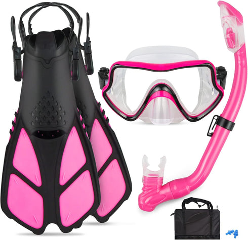 Kids Snorkeling Set with Adjustable Flippers, Panoramic Snorkel Mask, Dry Snorkel Tube, Travel Bags