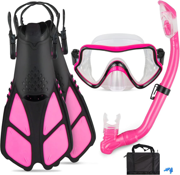 Kids Snorkeling Set with Adjustable Flippers, Panoramic Snorkel Mask, Dry Snorkel Tube, Travel Bags