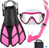 Kids Snorkeling Set with Adjustable Flippers, Panoramic Snorkel Mask, Dry Snorkel Tube, Travel Bags