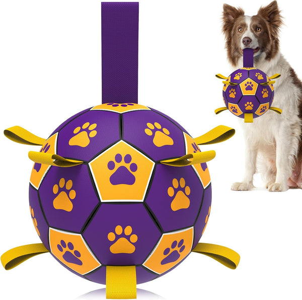 QDAN Dog Ropes Toys Soccer Ball with Straps - Interactive Tug of War Toy, Durable Water Toy for Medium & Large Dogs,