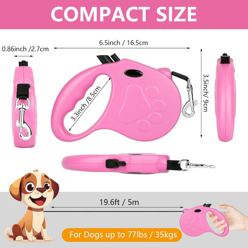 Retractable Dog Leash, 16ft Walking Leash for Small Dogs up to 77lbs, Non-Slip Handle - Pink