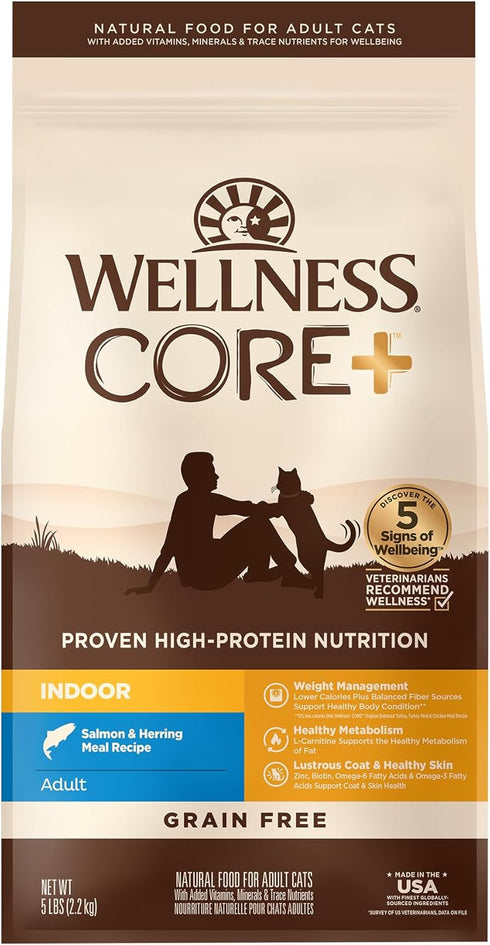 Wellness CORE+ Natural Grain-Free, High Protein Adult Dry Cat Food, Salmon and Herring Meal, 5 Pound Bag