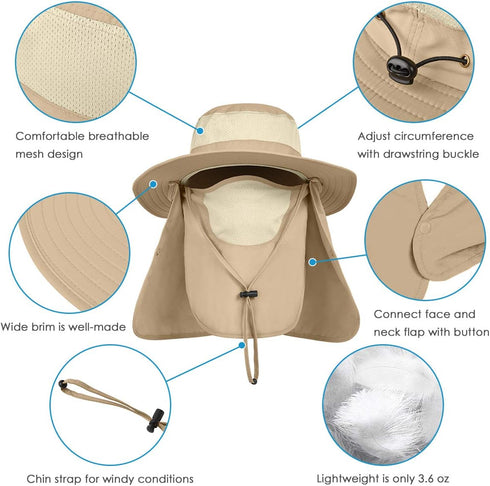 IYEBRAO Mens Outdoor Sun Hat, UV Protection Wide Brim Fishing Hat with Face Neck Flap for Hiking Safari Gardening UPF