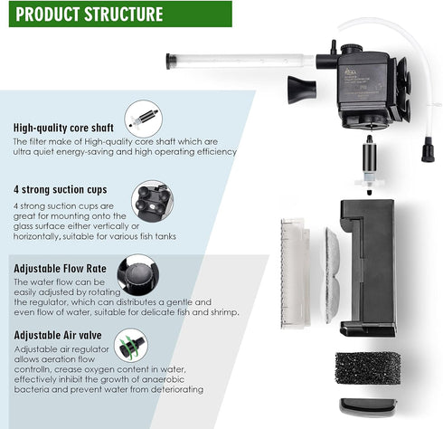 AQQA Aquarium Internal Filter - Submersible Power Filter with Adjustable Water Flow, Ultra Silent