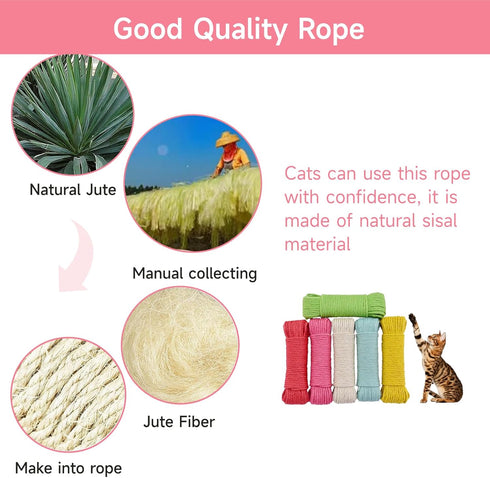 Multicolor Natural Hemp Rope for Cat Scratching Posts - 1/4" Replacement Rope for DIY Jute Twine, Includes Play Ball