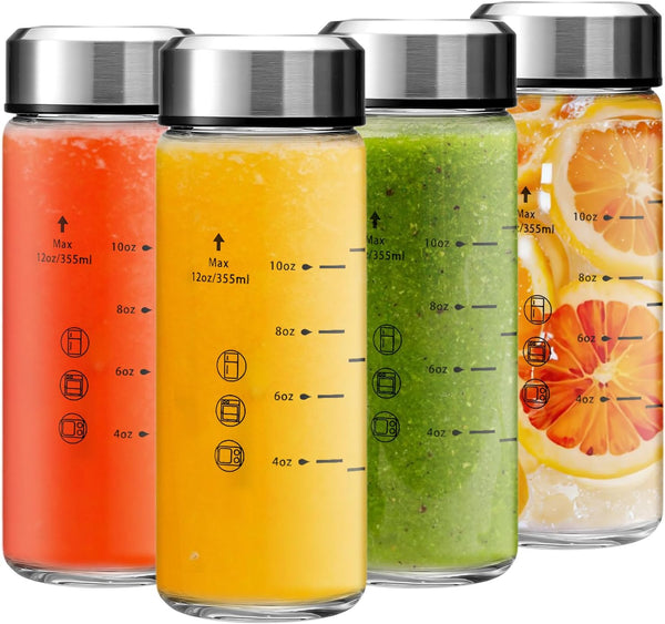 12oz Juice Bottles - 4 Pack Wide Mouth Glass Bottles with Lids-