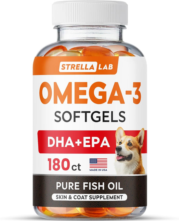 StrellaLab Omega 3 Fish Oil Pills for Dogs (180 Ct) - No Fishy Smell Softgels - Supports Joints, Brain, Heart Health