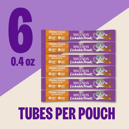 6-0.4 Wellness Lickable Treats Soft Puree Natural Grain Free Adult Cat Treats, Chicken Recipe, Contains Ounce