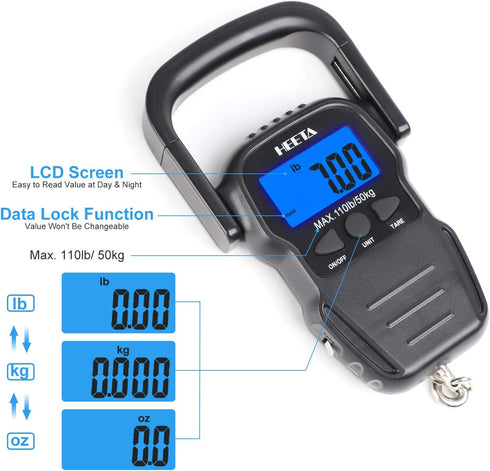 HEETA Fish Scale with Backlit LCD Display, Digital Portable Hanging Weight Scale 110lb/50kg with Hook