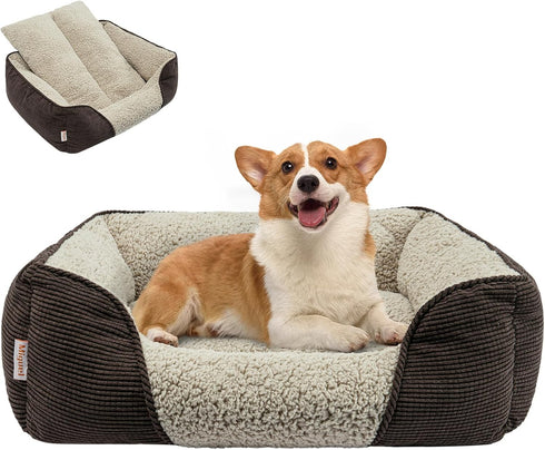 Miguel Washable Dog Bed with Removable Cushion, 30 Inch, Rectangle Bolster Cat Bed for Medium Small Dogs, Brown