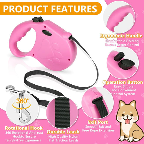 Retractable Dog Leash, 16ft Walking Leash for Small Dogs up to 77lbs, Non-Slip Handle - Pink