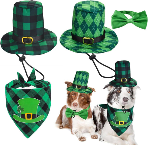 Vehomy 4pcs St Patrick's Day Dog Costumes, Buffalo Plaid Dog Hat, Collar, and Bandana, Irish Holiday Pet Outfit
