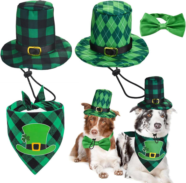Vehomy 4pcs St Patrick's Day Dog Costumes, Buffalo Plaid Dog Hat, Collar, and Bandana, Irish Holiday Pet Outfit