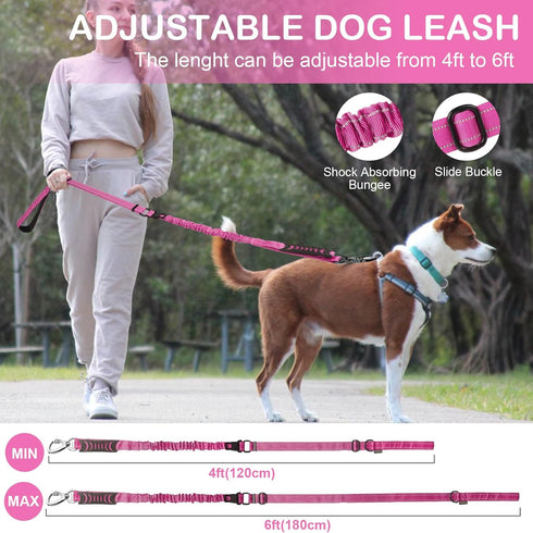 Tactical Heavy Duty Dog Leash, 4-6FT Shock Absorbing Bungee with 2 Padded Handles for Medium Large Dogs, Pink