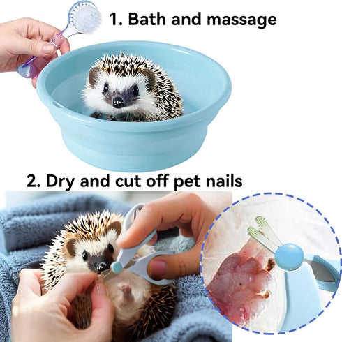 JSLZF Hedgehog Bath Supplies Grooming Kit: Foldable Bathtub, Nail Clippers, Bathing Brushes, Towel for Hedgehog Small