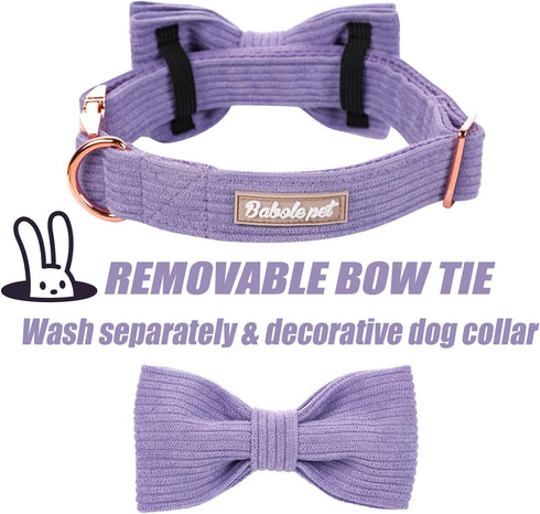 Lavender Corduroy Dog Collars with Bow Tie, Adjustable Safety Metal Buckle for Small Medium Large Dogs, S-Neck 10"-16"