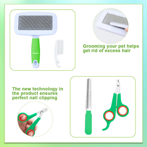 8 VCZONE Pcs Small Animal Grooming Kit, Pink with Pet Nail Clipper and File, Flea Comb, Pet Shampoo Bath Brush, Pet