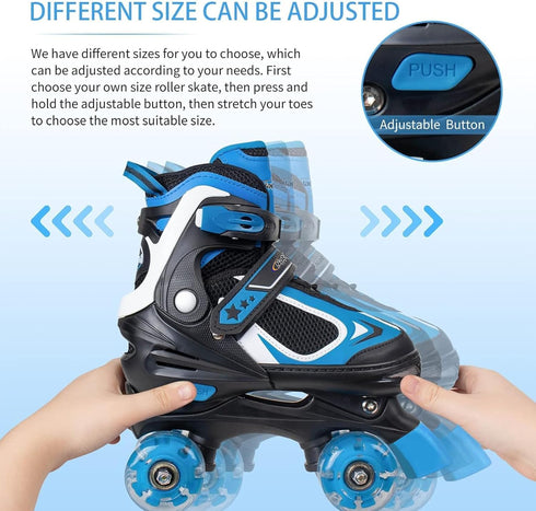 4 Nattork Kids Roller Skates for Boys Girls Kids, Sizes Adjustable Quad Skates with All Light up Wheels - Birthday Gift