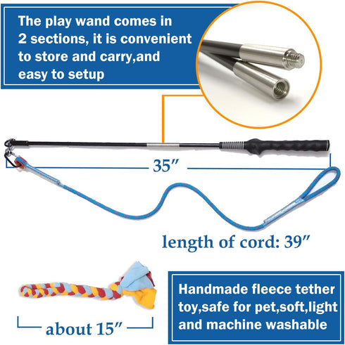 POLE-35 inches) Interactive Flirt Pole Toy for Dogs Chase and Tug of War,Durable Teaser Wand with Pet Fleece Rope