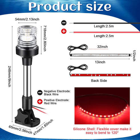 White LED Boat Stern Light 9 Inch with 2 Pcs Navigation Lights, 8.2ft Extra Cables for 12-24v Marine Use