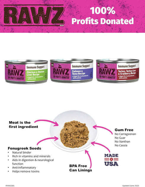 Rawz Natural Premium Pate Canned Food for Cats + Algal Oil, Antioxidants, and EPA & DHA for Immune Support, 12 Pack