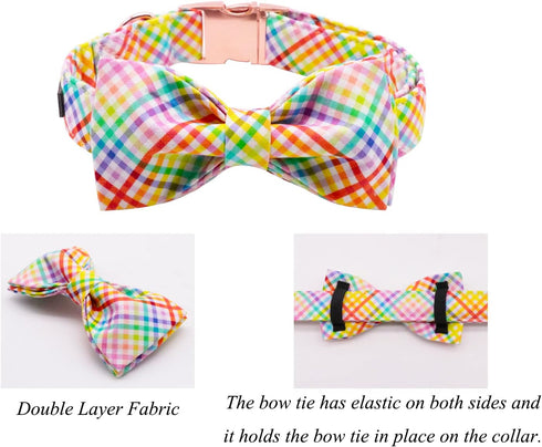 Lionet Paws Easter Dog Collar with Bowtie, Colorful Cute Cotton Bowtie Dog Collar with Metal Buckle for Medium Dogs