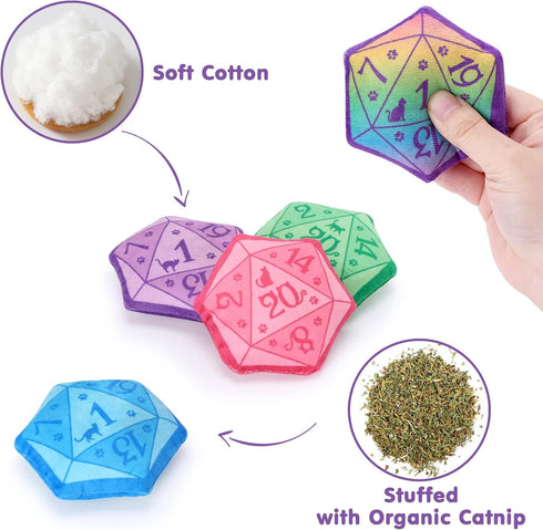 CiyvoLyeen D20 Dice Catnip Toy, DND Interactive Cat Toy for Role Playing Tabletop Game Soft Plush Catmint Kitten Teething Chew Pet Supplies Cat Lover Witchy Wizard Gift Ideas Set of 5