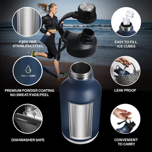 Insulated Water Bottle with Straw Lid, 64 Oz Double Wall Stainless Steel for Hot and Cold Beverages