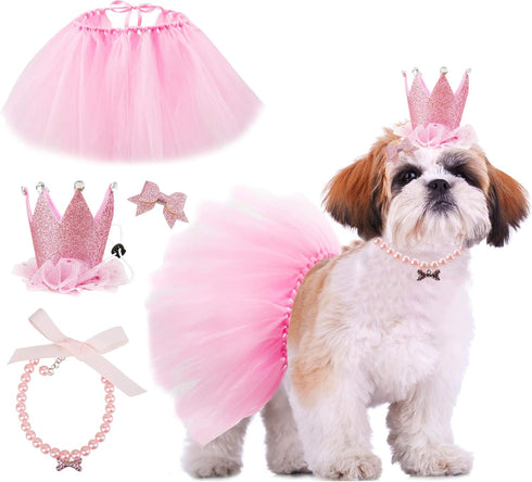 Dog Birthday Outfit Pink Tutu with Birthday Hat, Necklace & Bowtie Hairpin for Dogs (16-23 inch Wrist)