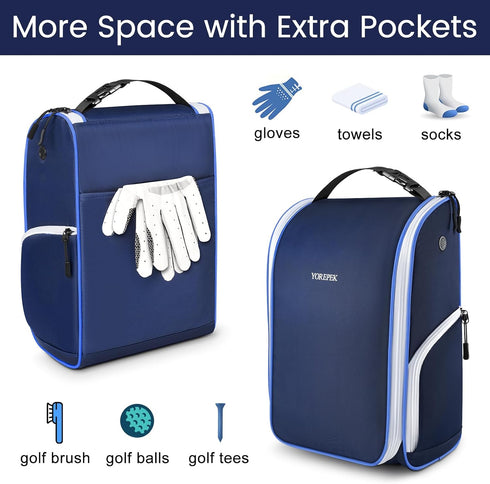 YOREPEK Golf Shoe Bag, 3 Pockets for Socks, Gloves, Tees, Balls, Brush, Zippered Sport Carrier with Ventilation