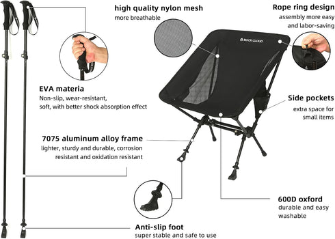 2 1 Backpacking ROCK CLOUD Portable Camping Chair Ultralight Folding Chairs and Trekking Pole in for Outdoor Camp