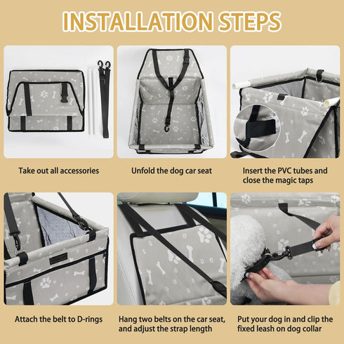 PetsHome Dog Car Seat, Foldable Booster Seat, Waterproof Oxford Travel Bag for Small to Medium Dogs, Pattern Grey